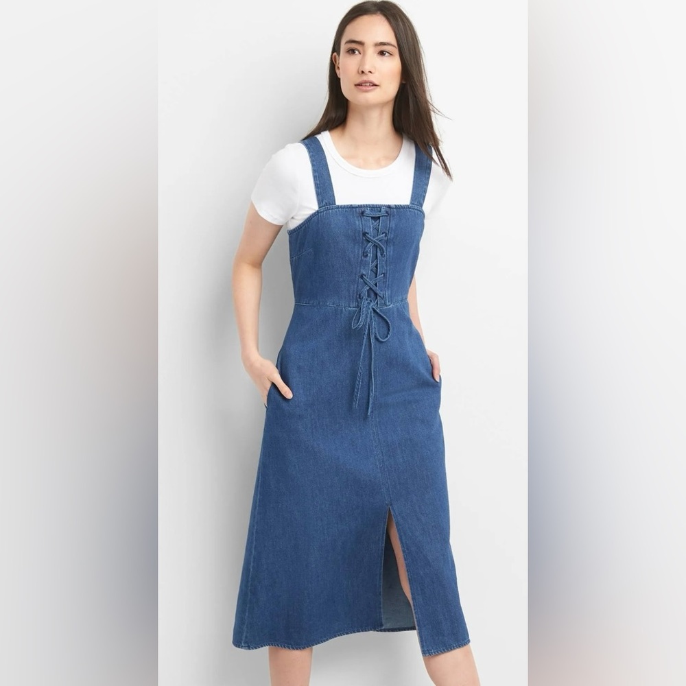 GAP Denim Women's Size 10 Blue Tank Corset Top Midi Dress Dark Wash NEW